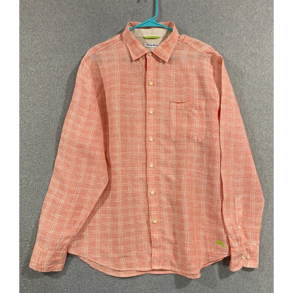 Tommy Bahama 100% Linen Button-Up Shirt Mens Large LS Orange Plaid Relaxed Beach